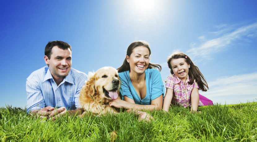Happy family lying in the park with their dog.